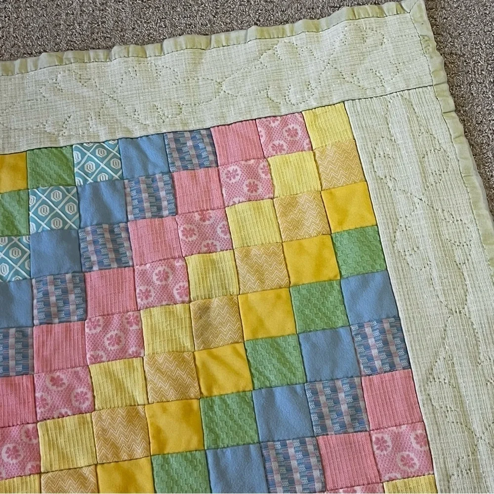 Pastel Baby Quilt Handmade Patchwork Satin Edge Crib Blanket Easter Pink Green